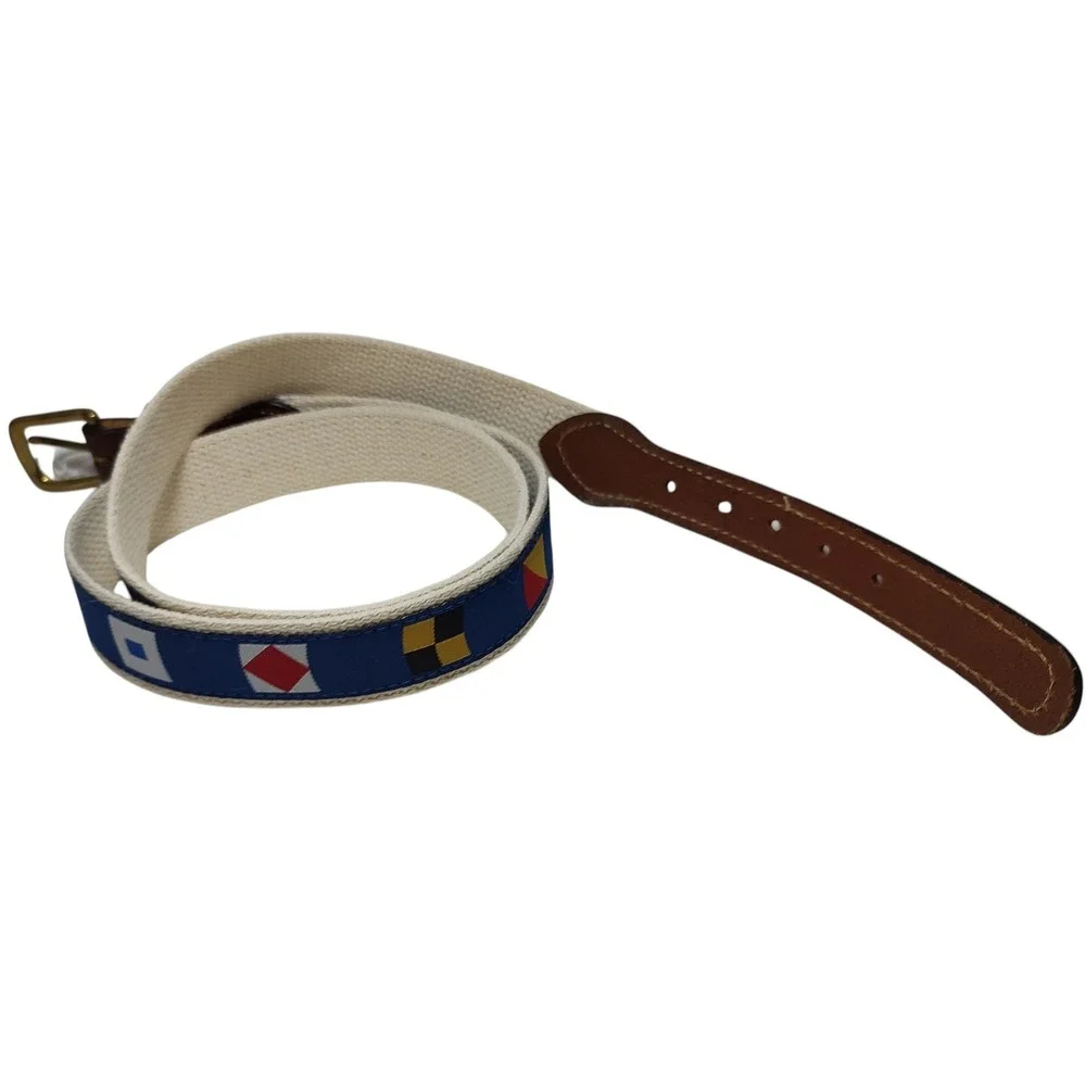 Leather Web Belt Mens Size 44 Sailing Flags Theme Gold Tone Buckle‎ Nautical